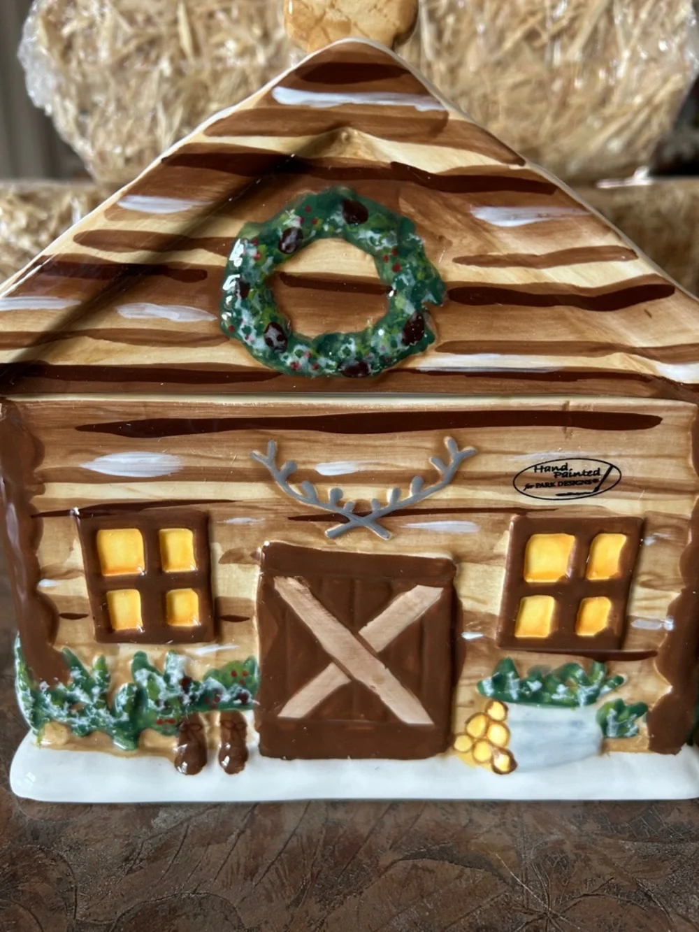 Hand Painted Sweet Log Cabin Home Ceramic Cookie Jar